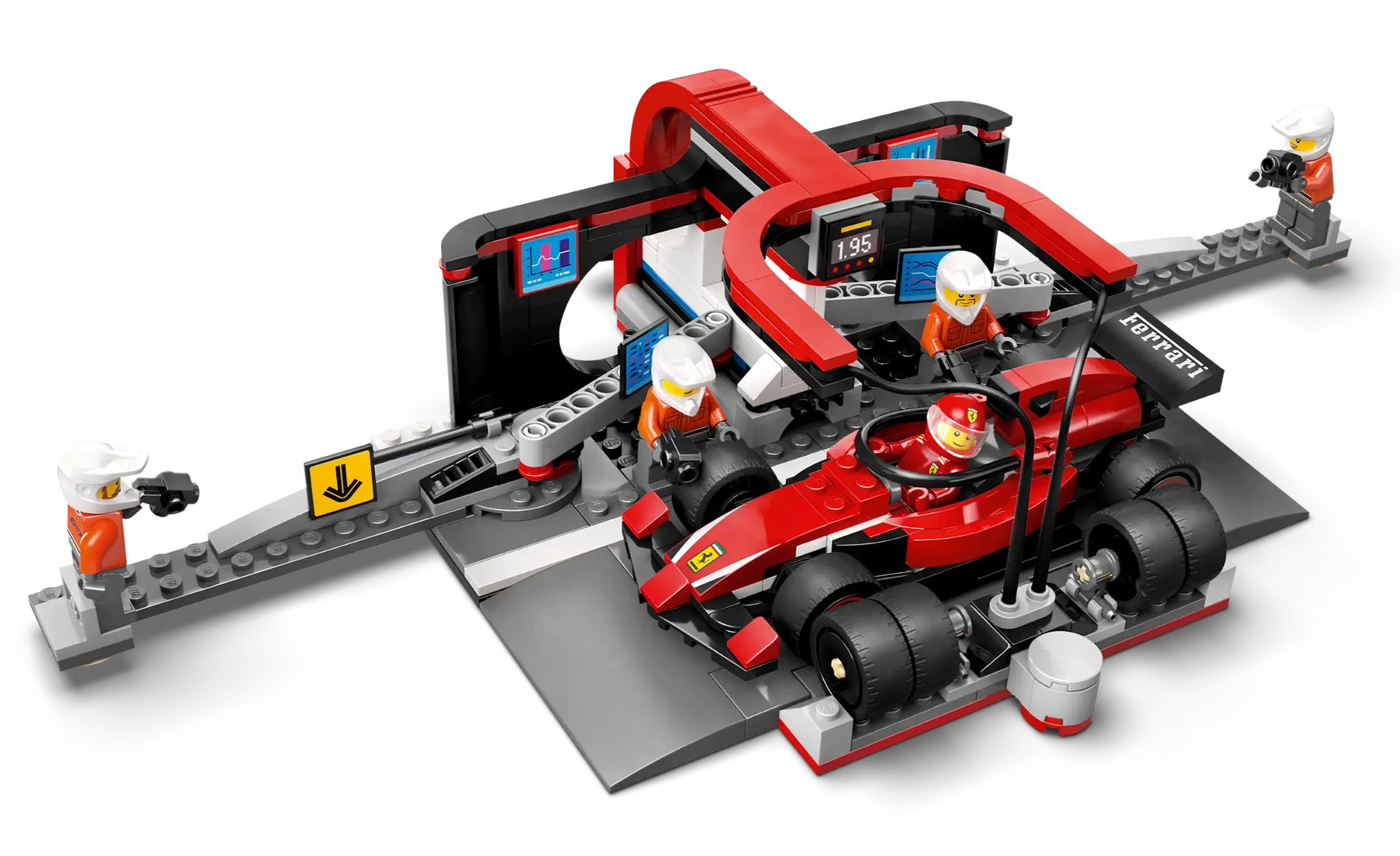 The Legos - Toyhouse LEGO® City F1® Pit Stop & Pit Crew set features a Ferrari car and four minifigures in orange suits performing maintenance with tools and equipment.