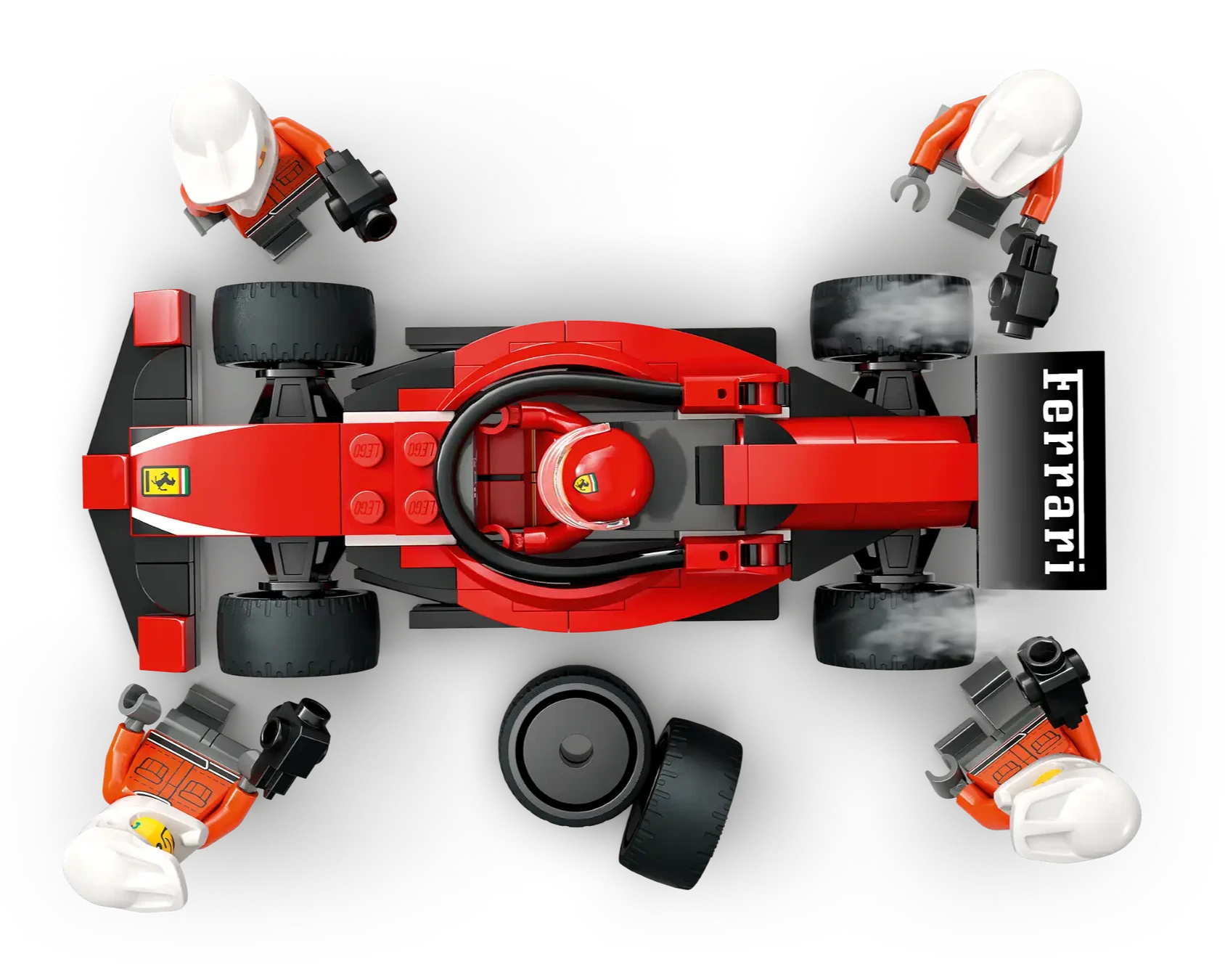 Top-down view of the LEGO® City F1® Pit Stop & Pit Crew with Ferrari Car by Legos - Toyhouse, showing four crew figures servicing a Formula 1 car, with spare tire and tools included.