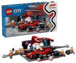The LEGO® City F1® Pit Stop & Pit Crew with Ferrari Car by Legos - Toyhouse includes a red race car, pit crew minifigures, tools, garage backdrop, and 322 pieces. Ideal for ages 6+, it's the perfect Ferrari building set for young racers.