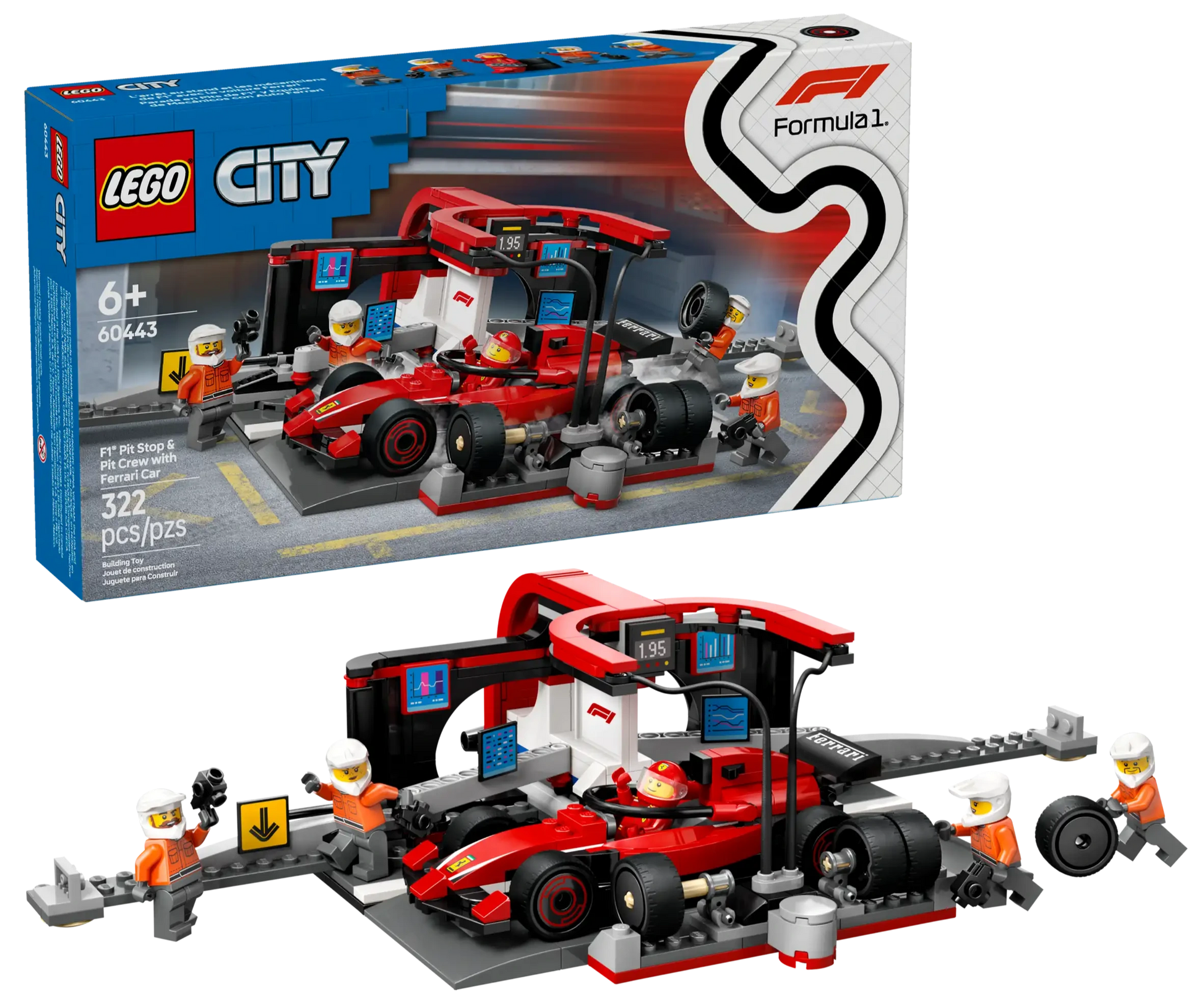 The LEGO® City F1® Pit Stop & Pit Crew with Ferrari Car by Legos - Toyhouse includes a red race car, pit crew minifigures, tools, garage backdrop, and 322 pieces. Ideal for ages 6+, it's the perfect Ferrari building set for young racers.