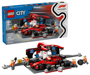 The LEGO® City F1® Pit Stop & Pit Crew with Ferrari Car by Legos - Toyhouse includes a red race car, pit crew minifigures, tools, garage backdrop, and 322 pieces. Ideal for ages 6+, it's the perfect Ferrari building set for young racers.
