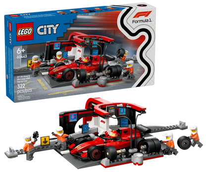 The LEGO® City F1® Pit Stop & Pit Crew with Ferrari Car by Legos - Toyhouse includes a red race car, pit crew minifigures, tools, garage backdrop, and 322 pieces. Ideal for ages 6+, it's the perfect Ferrari building set for young racers.