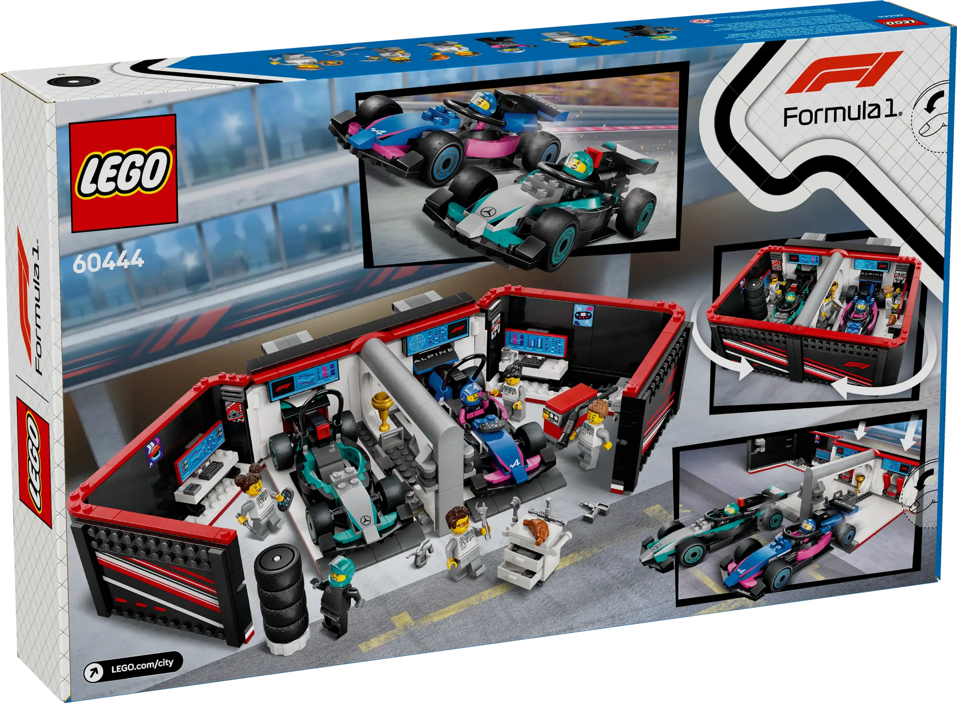 The Legos - Toyhouse LEGO® City F1® Garage & Mercedes-AMG & Alpine Cars set features assembled race cars, pit crew, drivers, and a detailed garage with authentic F1 branding.
