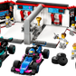 The LEGO® City F1® Garage & Mercedes-AMG & Alpine Cars by Legos - Toyhouse features two race cars, five minifigures, spare tires, tools, a trophy, and a detailed workshop scene for exciting Formula 1 play.