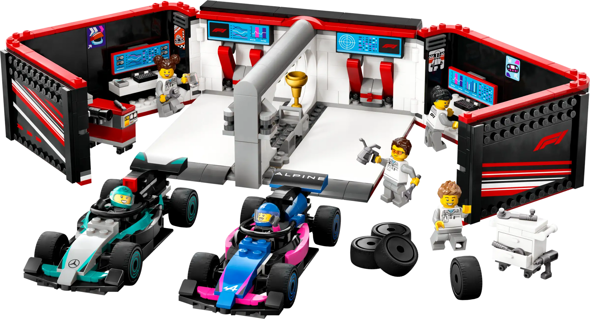 The LEGO® City F1® Garage & Mercedes-AMG & Alpine Cars by Legos - Toyhouse features two race cars, five minifigures, spare tires, tools, a trophy, and a detailed workshop scene for exciting Formula 1 play.