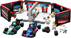 The LEGO® City F1® Garage & Mercedes-AMG & Alpine Cars by Legos - Toyhouse features two race cars, five minifigures, spare tires, tools, a trophy, and a detailed workshop scene for exciting Formula 1 play.