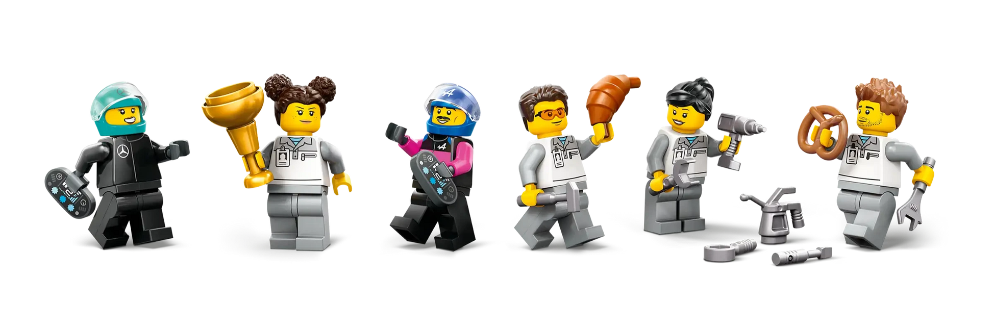 Six minifigures in racing uniforms, with accessories like a trophy, helmet, and tools, are ready for display or play with your Legos - Toyhouse LEGO® City F1® Garage & Mercedes-AMG & Alpine Cars set.