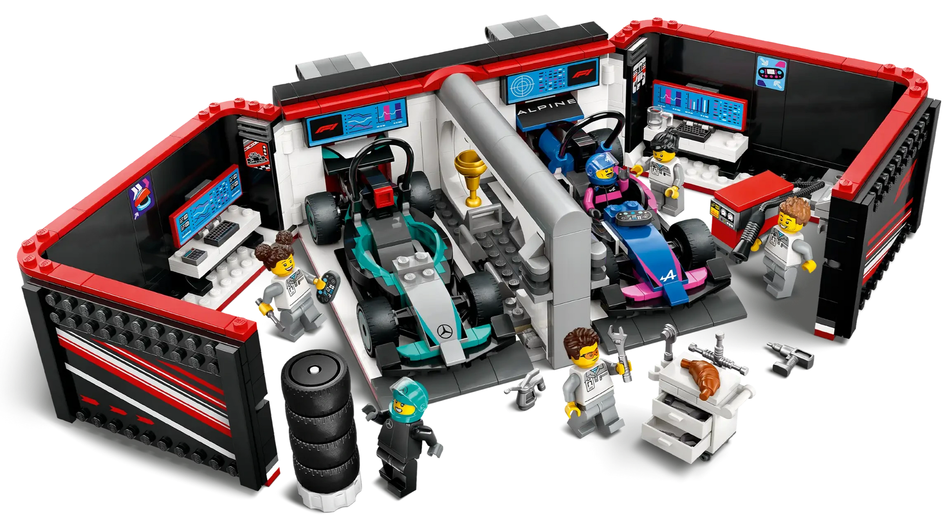 The LEGO® City F1® Garage & Mercedes-AMG & Alpine Cars set by Legos - Toyhouse includes two Formula 1 cars, six minifigures, tools, screens, tires, and decorated garage walls with a racing theme.