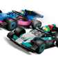 Two LEGO race cars—one blue and pink, the other black and teal—with racing minifigures are ready to speed ahead in the LEGO® City F1® Garage & Mercedes-AMG & Alpine Cars set by Legos - Toyhouse. Perfect for Formula 1 fans!.