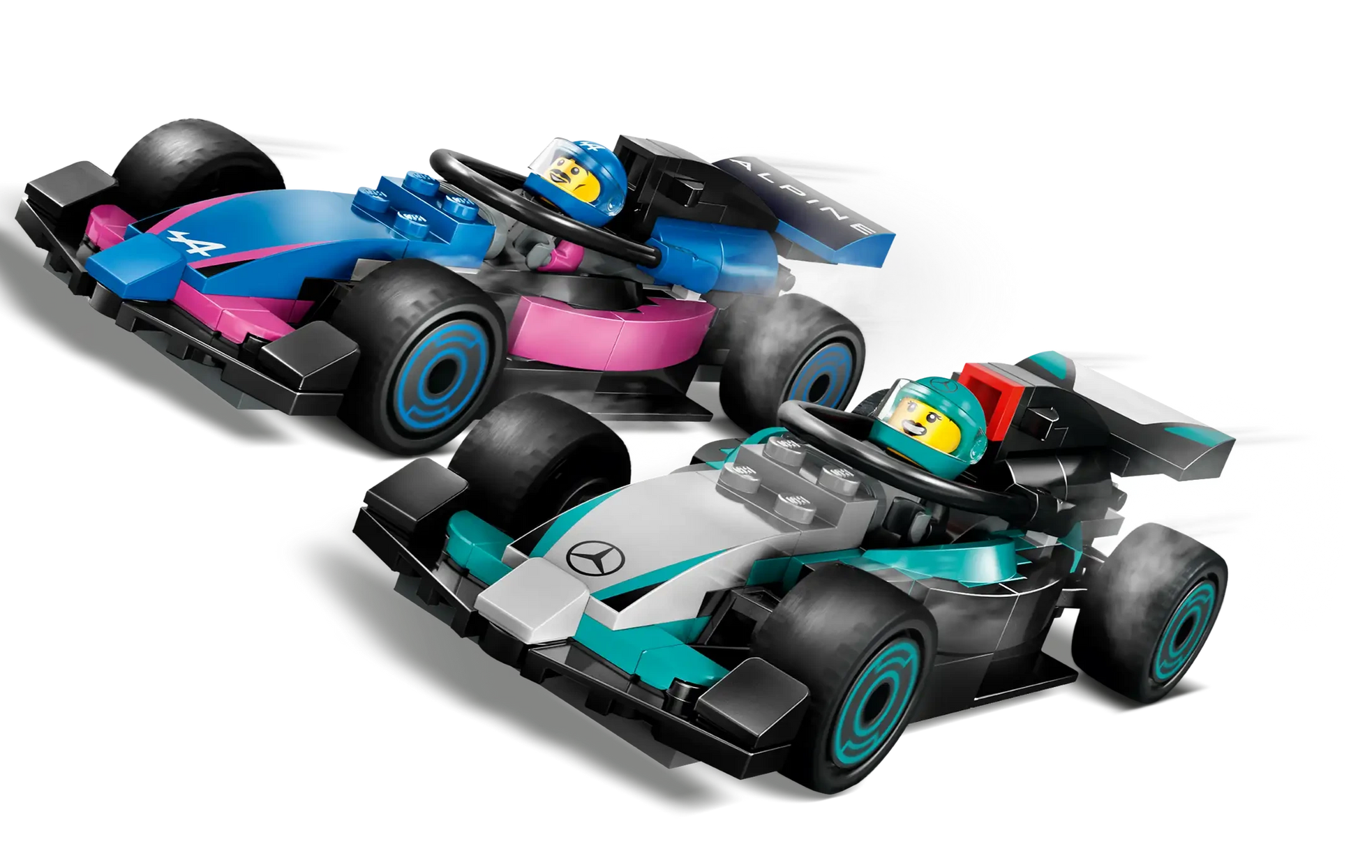 Two LEGO race cars—one blue and pink, the other black and teal—with racing minifigures are ready to speed ahead in the LEGO® City F1® Garage & Mercedes-AMG & Alpine Cars set by Legos - Toyhouse. Perfect for Formula 1 fans!.