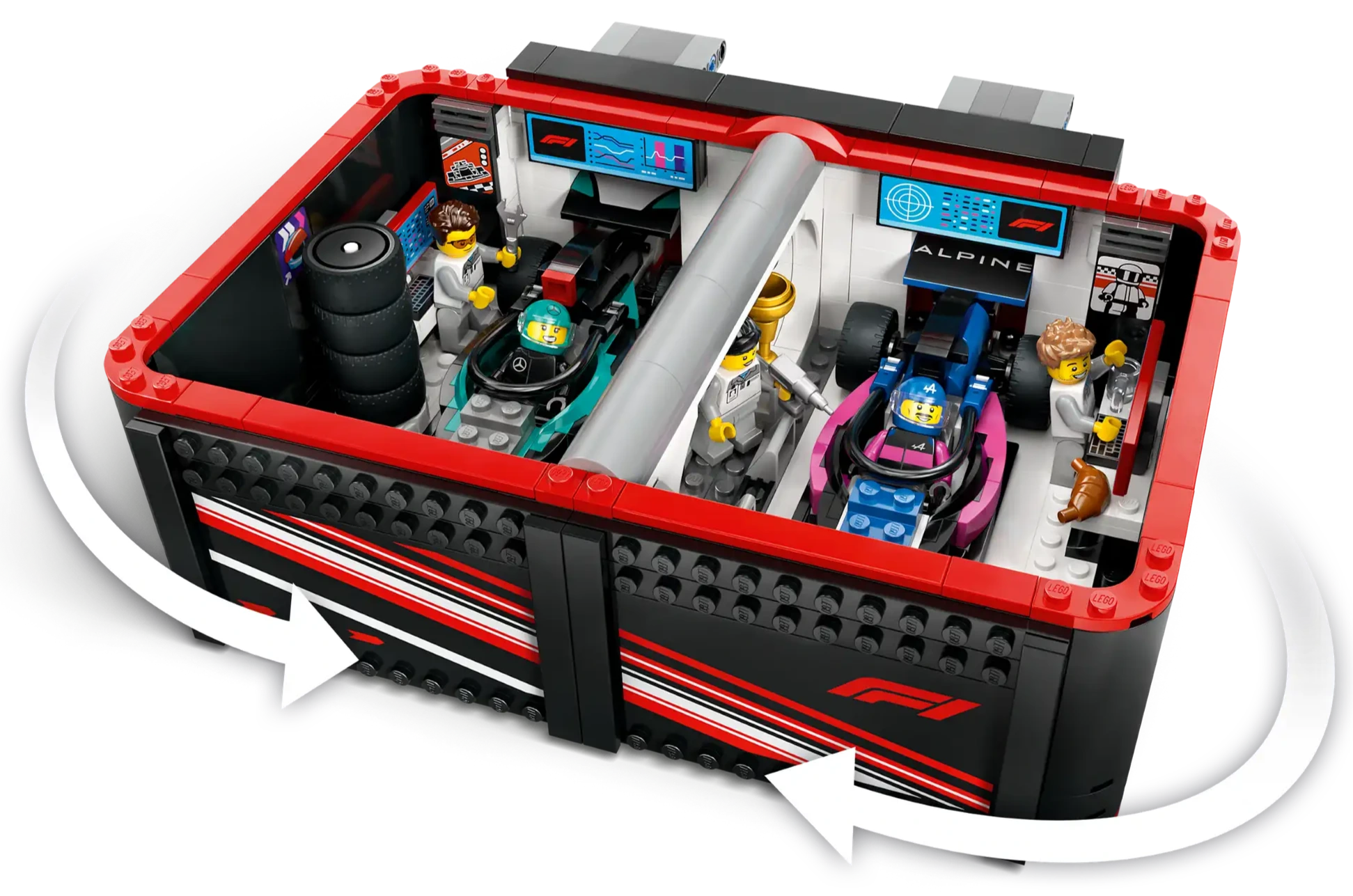 Experience Formula 1 with the LEGO® City F1® Garage & Mercedes-AMG & Alpine Cars by Legos - Toyhouse. Includes minifigures, two race cars, tires, tools, Alpine branding, F1 logos, and a rotating wall for immersive play.
