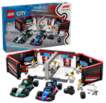 The Legos - Toyhouse LEGO® City F1® Garage & Mercedes-AMG & Alpine Cars playset includes two race cars, six minifigures, trophies, tools, and a garage backdrop. The box displays set features in the background.
