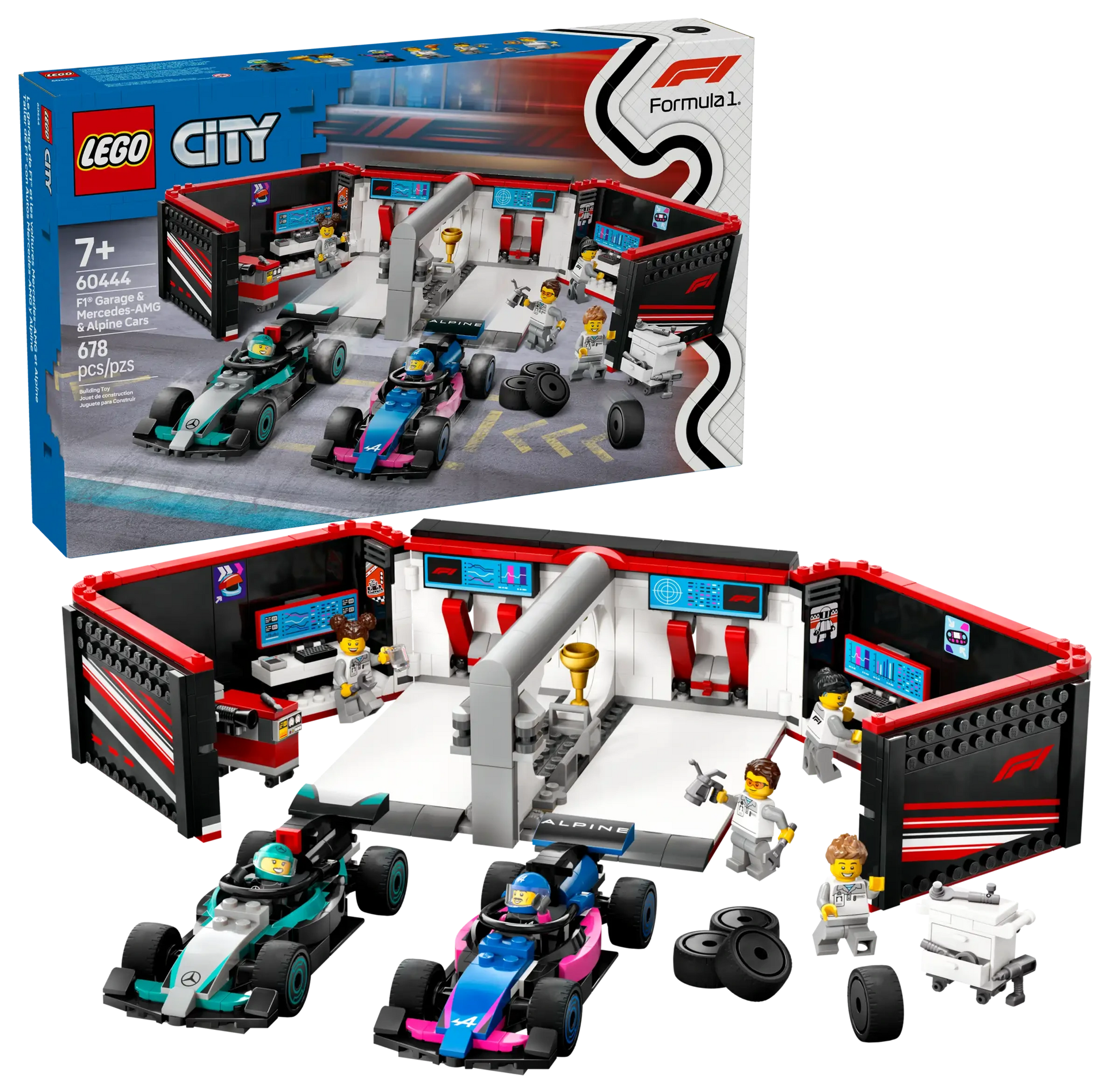 The Legos - Toyhouse LEGO® City F1® Garage & Mercedes-AMG & Alpine Cars playset includes two race cars, six minifigures, trophies, tools, and a garage backdrop. The box displays set features in the background.