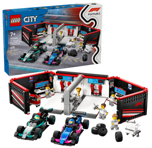 The Legos - Toyhouse LEGO® City F1® Garage & Mercedes-AMG & Alpine Cars playset includes two race cars, six minifigures, trophies, tools, and a garage backdrop. The box displays set features in the background.