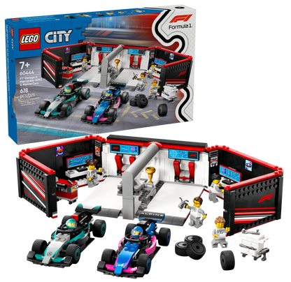 The Legos - Toyhouse LEGO® City F1® Garage & Mercedes-AMG & Alpine Cars playset includes two race cars, six minifigures, trophies, tools, and a garage backdrop. The box displays set features in the background.