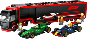 The LEGO® City F1® Truck with RB20 & AMR24 F1® Cars by Legos - Toyhouse includes a black and red truck, two race cars, four minifigures, plus F1® logo and car graphics on the trailer.