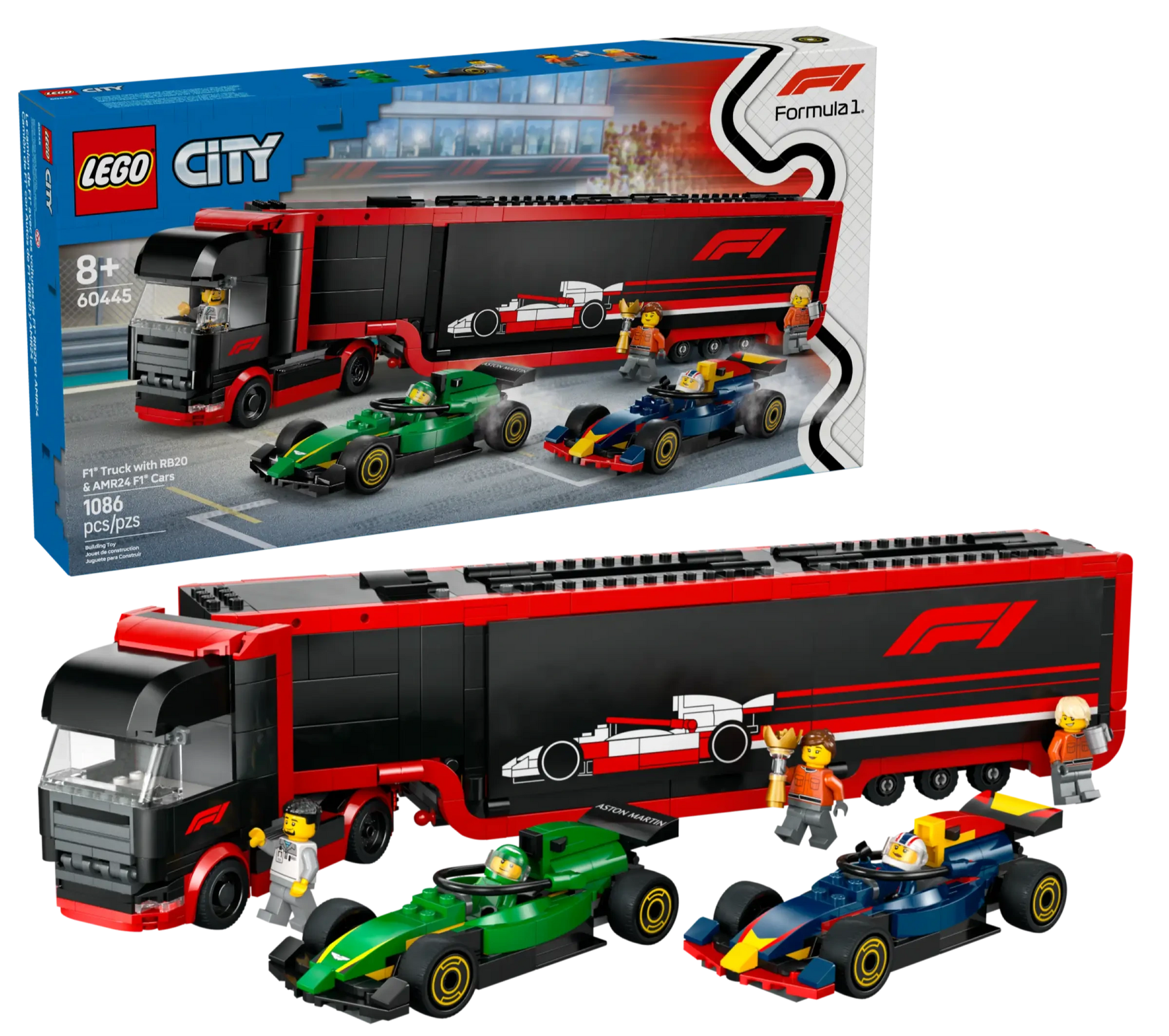 The LEGO® City F1® Truck with RB20 & AMR24 F1® Cars by Legos - Toyhouse includes a black truck, trailer, two F1 car toys, four minifigures, and a product box showing all the racing playset details.
