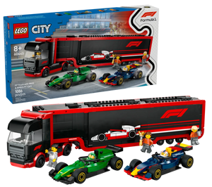 The LEGO® City F1® Truck with RB20 & AMR24 F1® Cars by Legos - Toyhouse includes a black truck, trailer, two F1 car toys, four minifigures, and a product box showing all the racing playset details.
