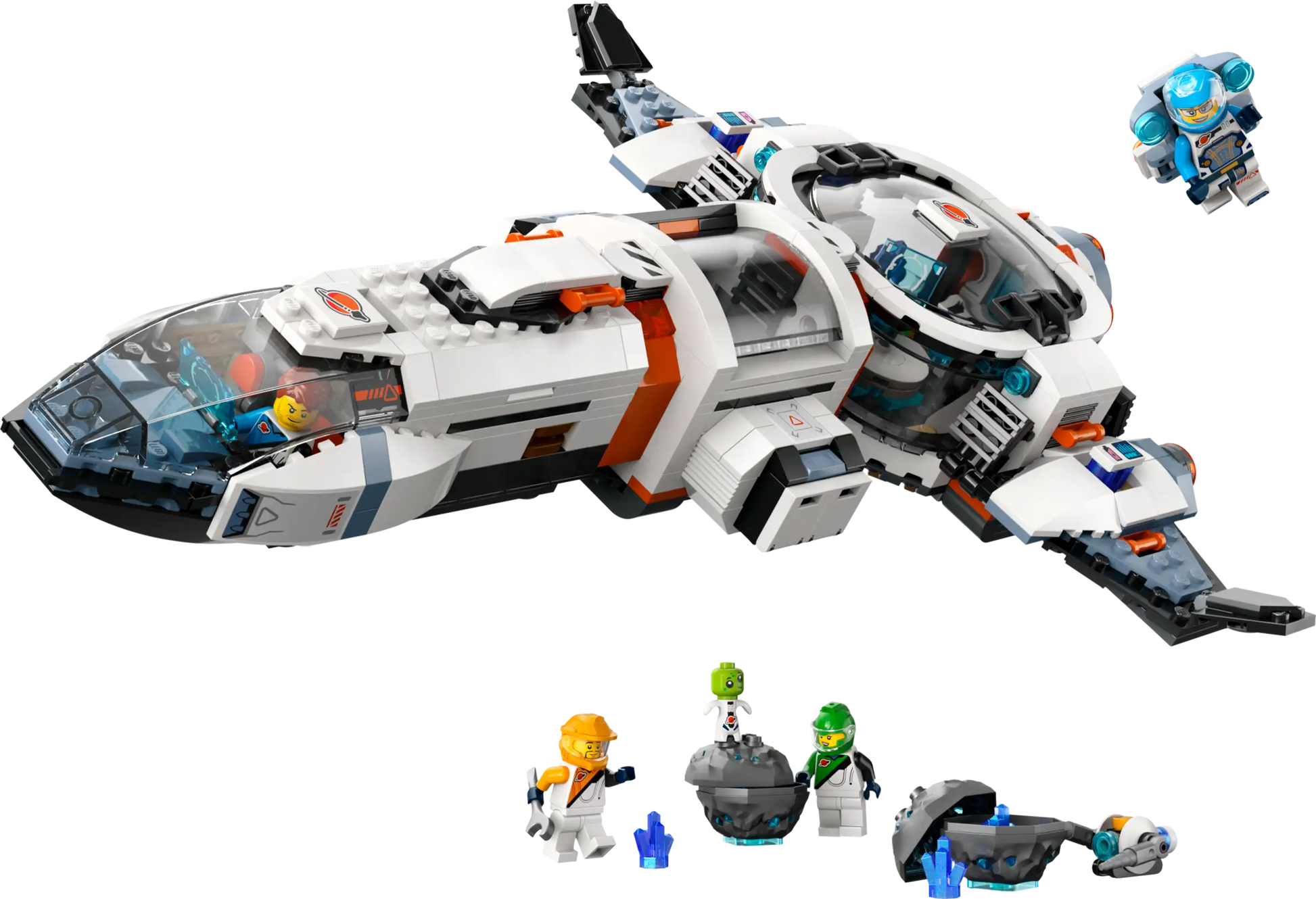 The Legos - Toyhouse LEGO® City Modular Galactic Spaceship set features a white ship with orange and blue accents, four astronaut minifigures in spacesuits, two small aliens, and space accessories for kids’ imaginative play.