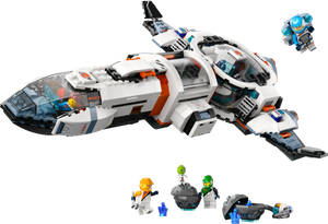 The Legos - Toyhouse LEGO® City Modular Galactic Spaceship set features a white ship with orange and blue accents, four astronaut minifigures in spacesuits, two small aliens, and space accessories for kids’ imaginative play.