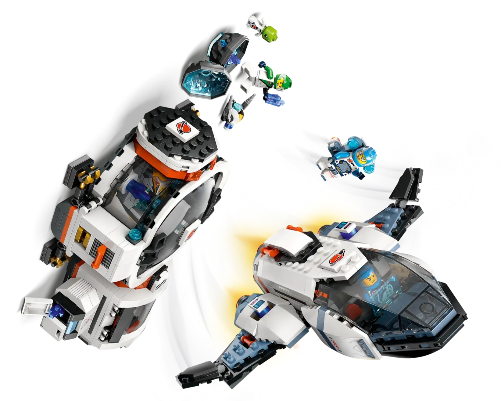 Two Legos - Toyhouse LEGO® City Modular Galactic Spaceship vehicles and multiple astronaut minifigures are shown on a white background, featuring black, white, and orange with blue accents—an out-of-this-world toy for kids.