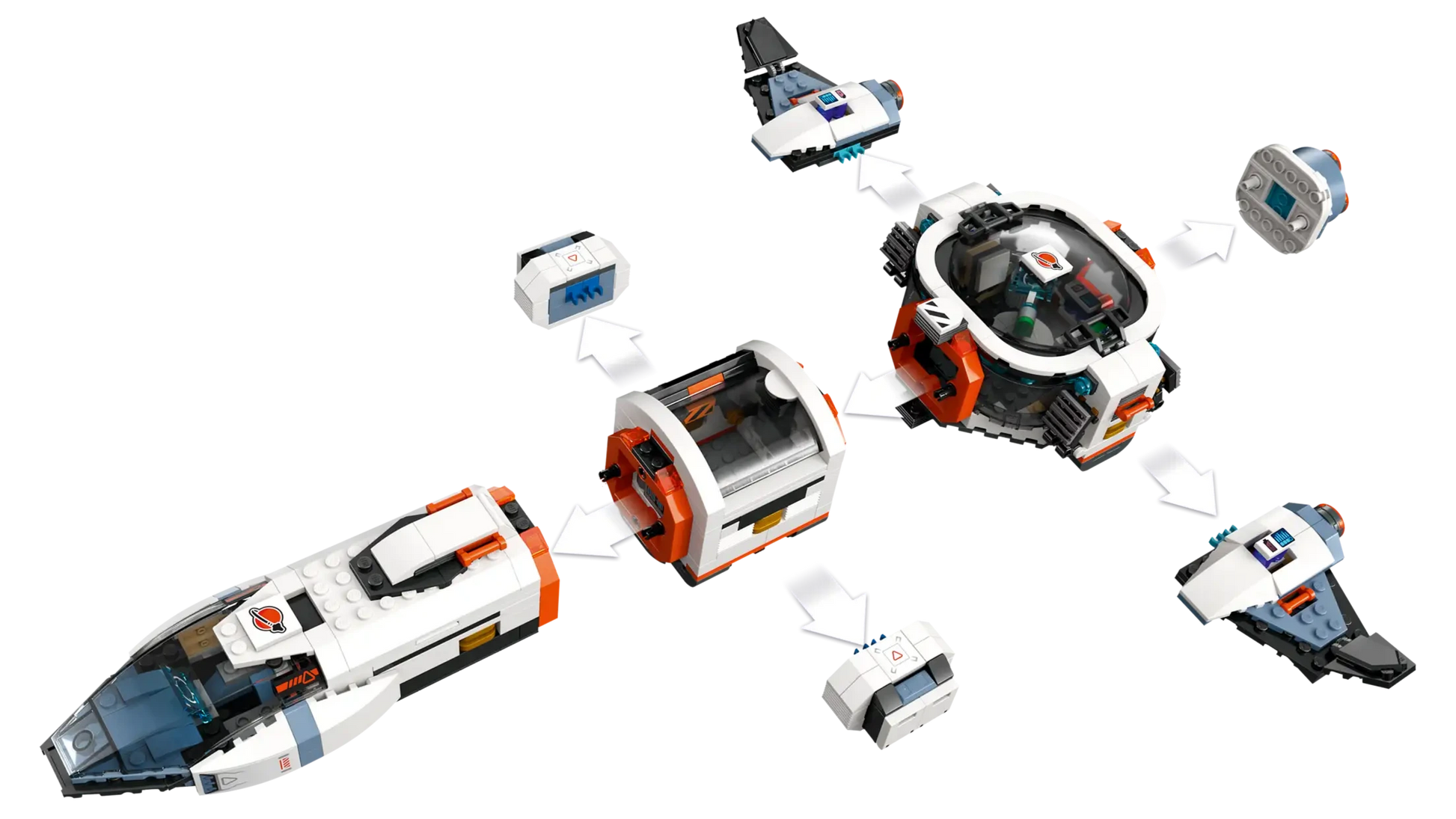 Discover the LEGO® City Modular Galactic Spaceship by Legos - Toyhouse, featuring detachable modular sections and astronaut minifigures—an out-of-this-world space toy for kids with white arrows showing assembly points.