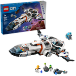 The Legos - Toyhouse LEGO® City Modular Galactic Spaceship set includes a white spaceship, 3 astronaut minifigures, 2 small alien figures, a robot, and the box—an exciting outer space toy for kids.