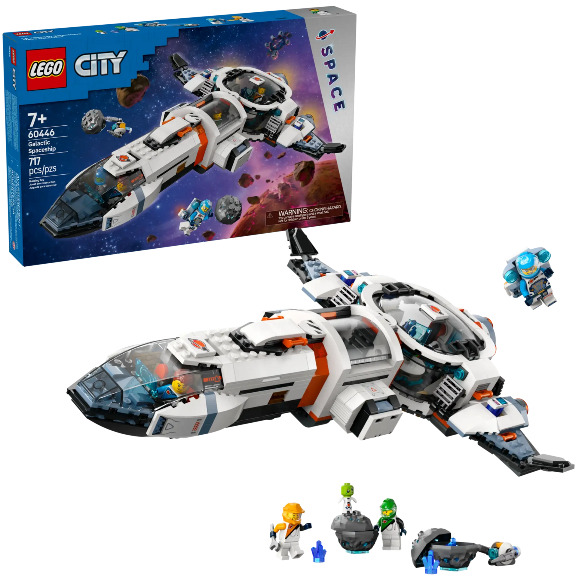 The Legos - Toyhouse LEGO® City Modular Galactic Spaceship set includes a white spaceship, 3 astronaut minifigures, 2 small alien figures, a robot, and the box—an exciting outer space toy for kids.