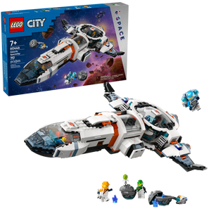 The Legos - Toyhouse LEGO® City Modular Galactic Spaceship set includes a white spaceship, 3 astronaut minifigures, 2 small alien figures, a robot, and the box—an exciting outer space toy for kids.