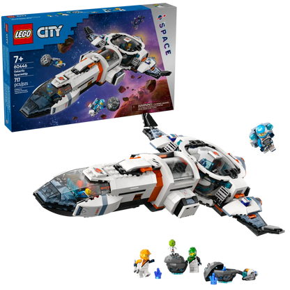 The Legos - Toyhouse LEGO® City Modular Galactic Spaceship set includes a white spaceship, 3 astronaut minifigures, 2 small alien figures, a robot, and the box—an exciting outer space toy for kids.