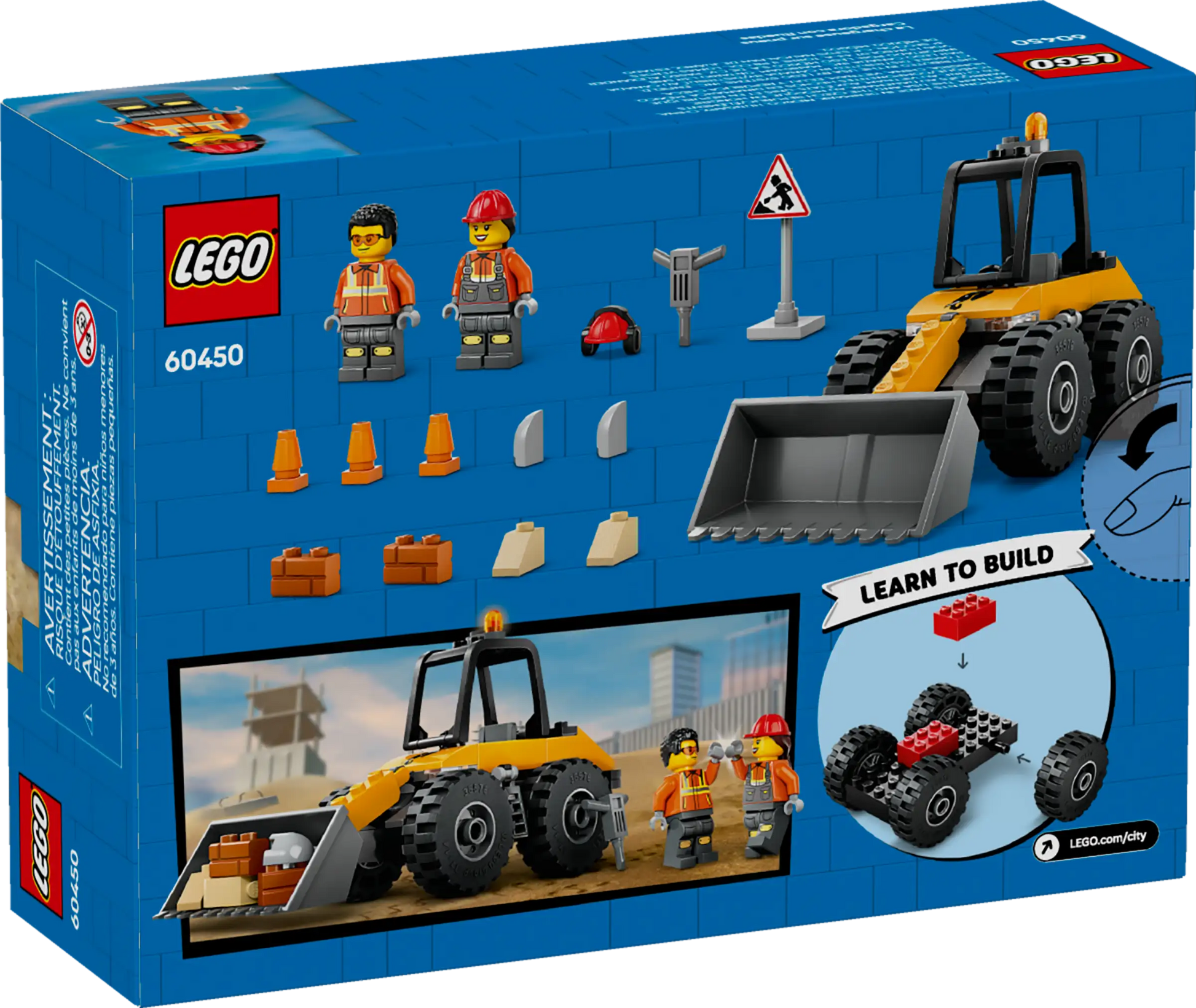The back of the LEGO® City Yellow Construction Wheel Loader box (set 60450) by Legos - Toyhouse shows a digger toy for kids, two construction worker minifigures, tools, cones, and building instructions.