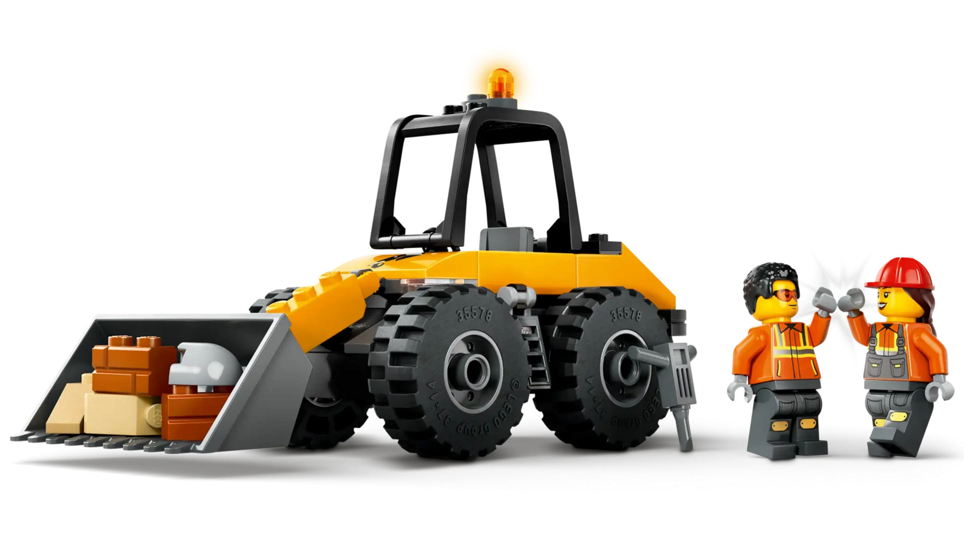 The LEGO® City Yellow Construction Wheel Loader by Legos - Toyhouse features a scooping bucket and includes two worker minifigures in orange safety vests and helmets, making it an ideal set for creative construction play.