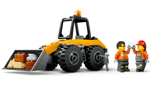 The LEGO® City Yellow Construction Wheel Loader by Legos - Toyhouse features a scooping bucket and includes two worker minifigures in orange safety vests and helmets, making it an ideal set for creative construction play.
