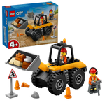 The LEGO® City Yellow Construction Wheel Loader by Legos - Toyhouse includes a front loader, 2 worker minifigures, tools, cones, and a sign with the box shown in the background—an ideal digger toy for kids!.