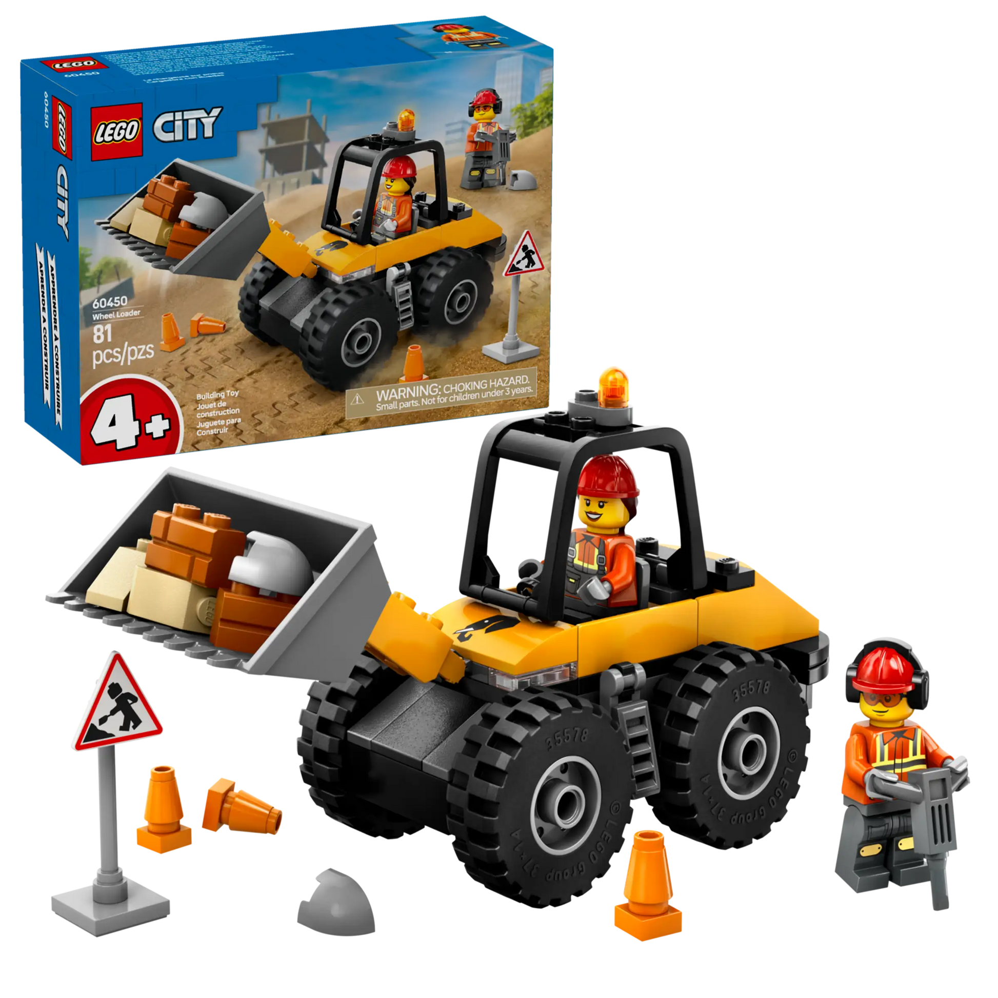The LEGO® City Yellow Construction Wheel Loader by Legos - Toyhouse includes a front loader, 2 worker minifigures, tools, cones, and a sign with the box shown in the background—an ideal digger toy for kids!.