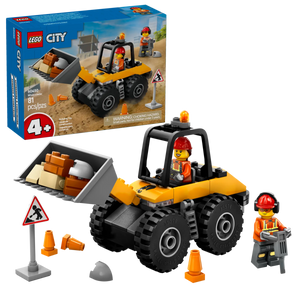 The LEGO® City Yellow Construction Wheel Loader by Legos - Toyhouse includes a front loader, 2 worker minifigures, tools, cones, and a sign with the box shown in the background—an ideal digger toy for kids!.