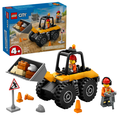 The LEGO® City Yellow Construction Wheel Loader by Legos - Toyhouse includes a front loader, 2 worker minifigures, tools, cones, and a sign with the box shown in the background—an ideal digger toy for kids!.