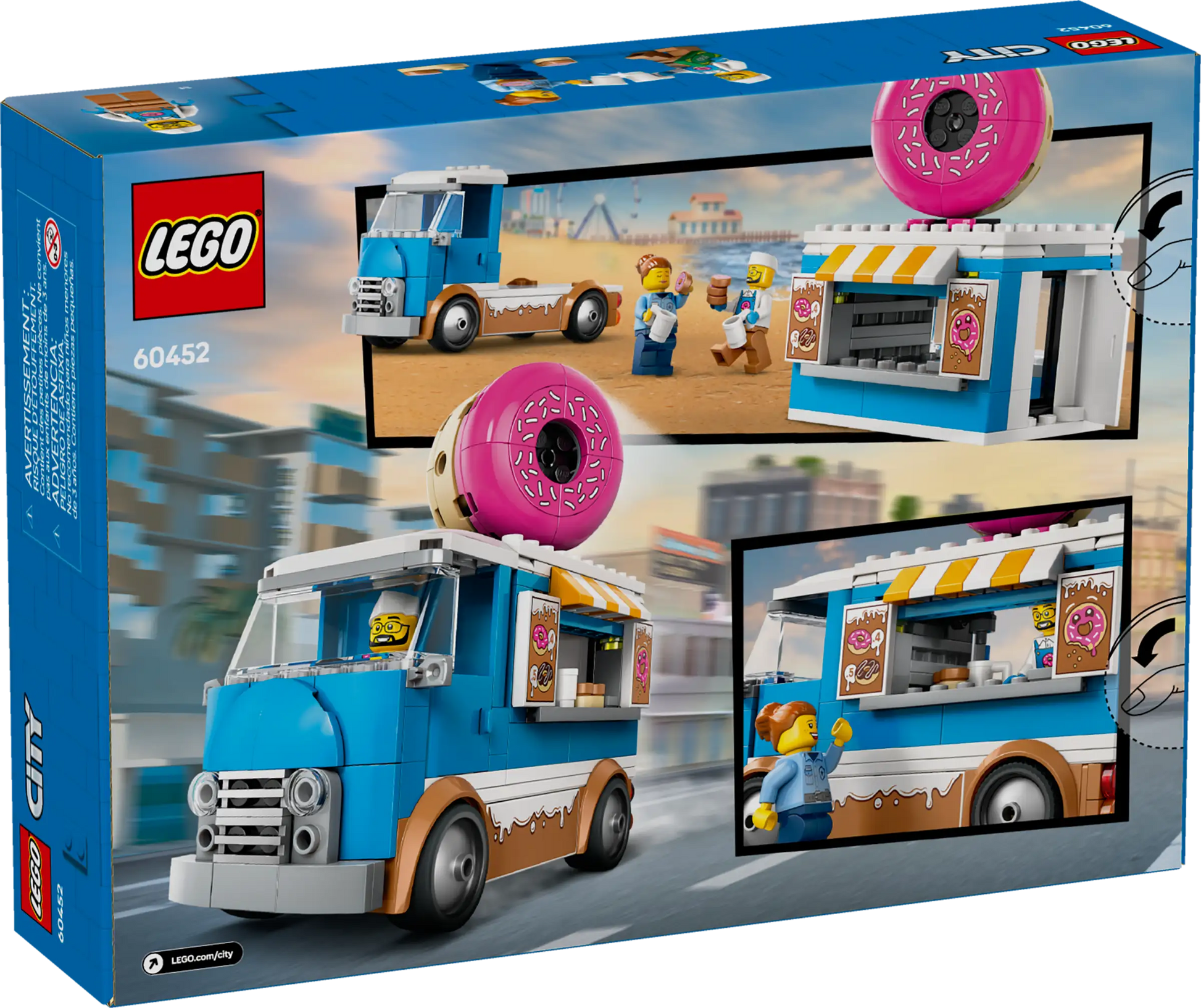 Back of the Legos - Toyhouse LEGO® City Donut Truck box features the blue and white vehicle with a pink donut on top and minifigures enjoying this fun donut shop scene.