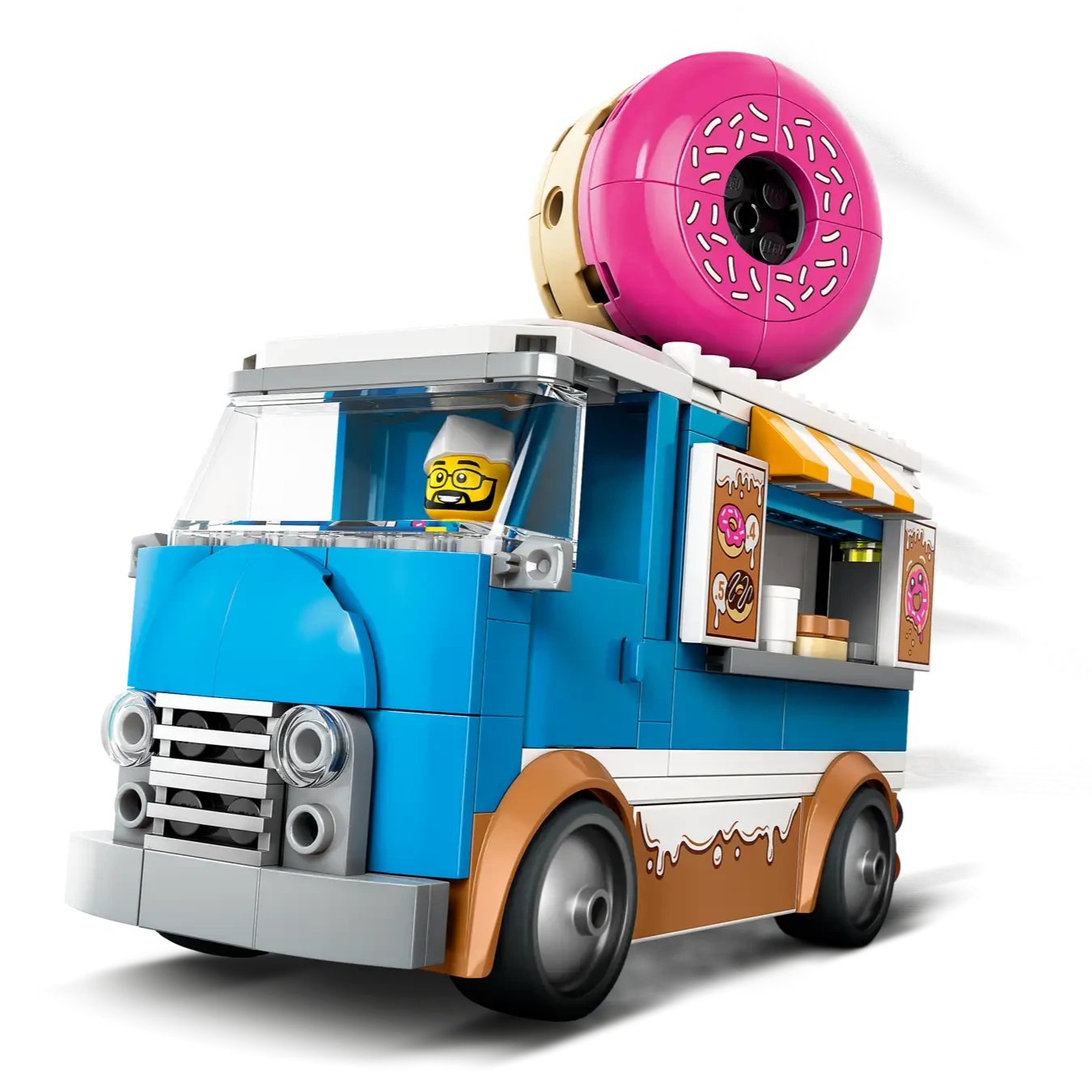 The LEGO® City Donut Truck by Legos - Toyhouse features a blue and white design, a giant pink donut on top, serving window, and a minifigure driver—ideal for fans of the LEGO donut shop theme.