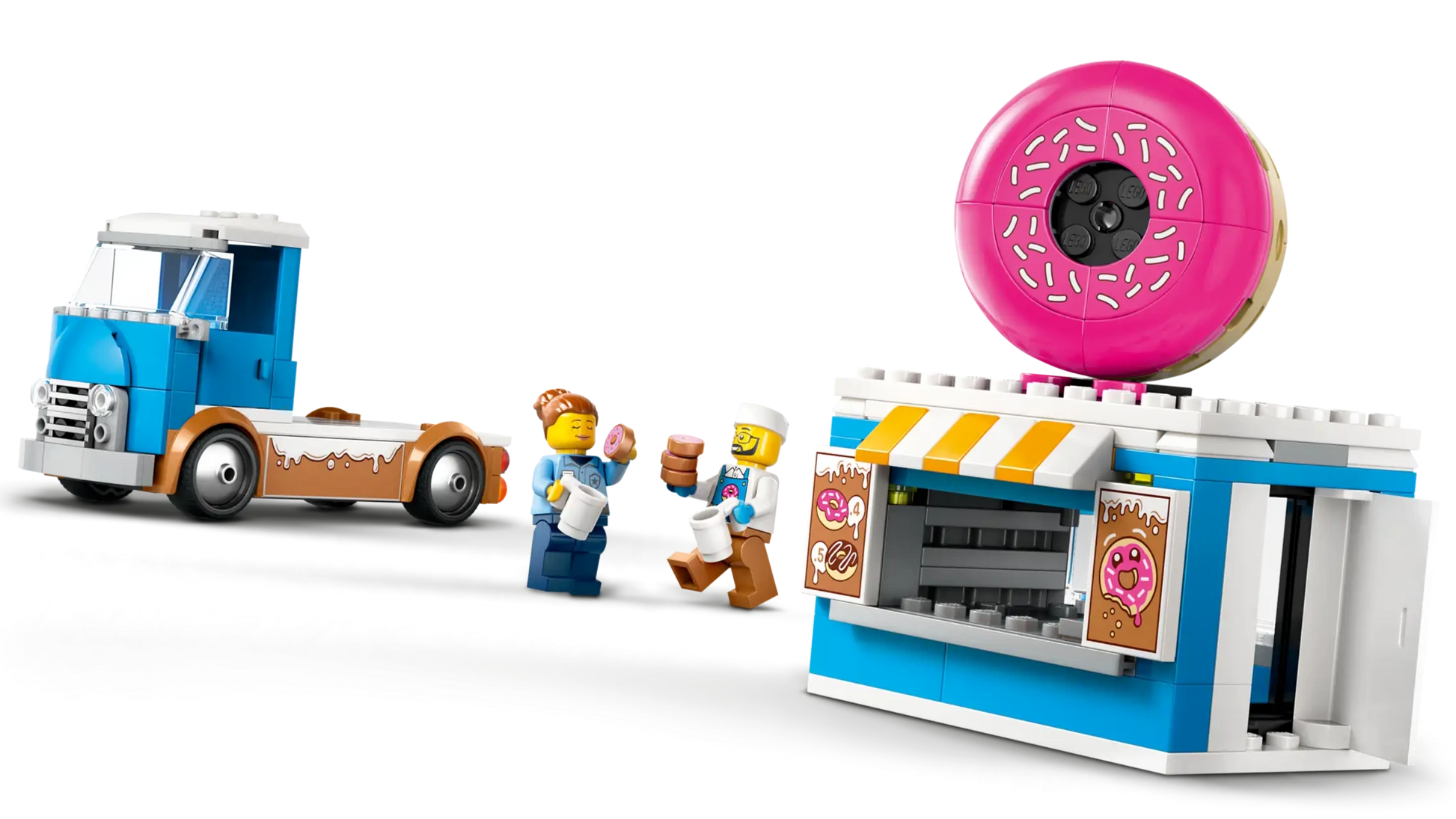 Embark on tasty adventures with the LEGO® City Donut Truck from Legos - Toyhouse, featuring a blue truck, two minifigures, and a vibrant donut shop topped with a giant pink donut sign!.