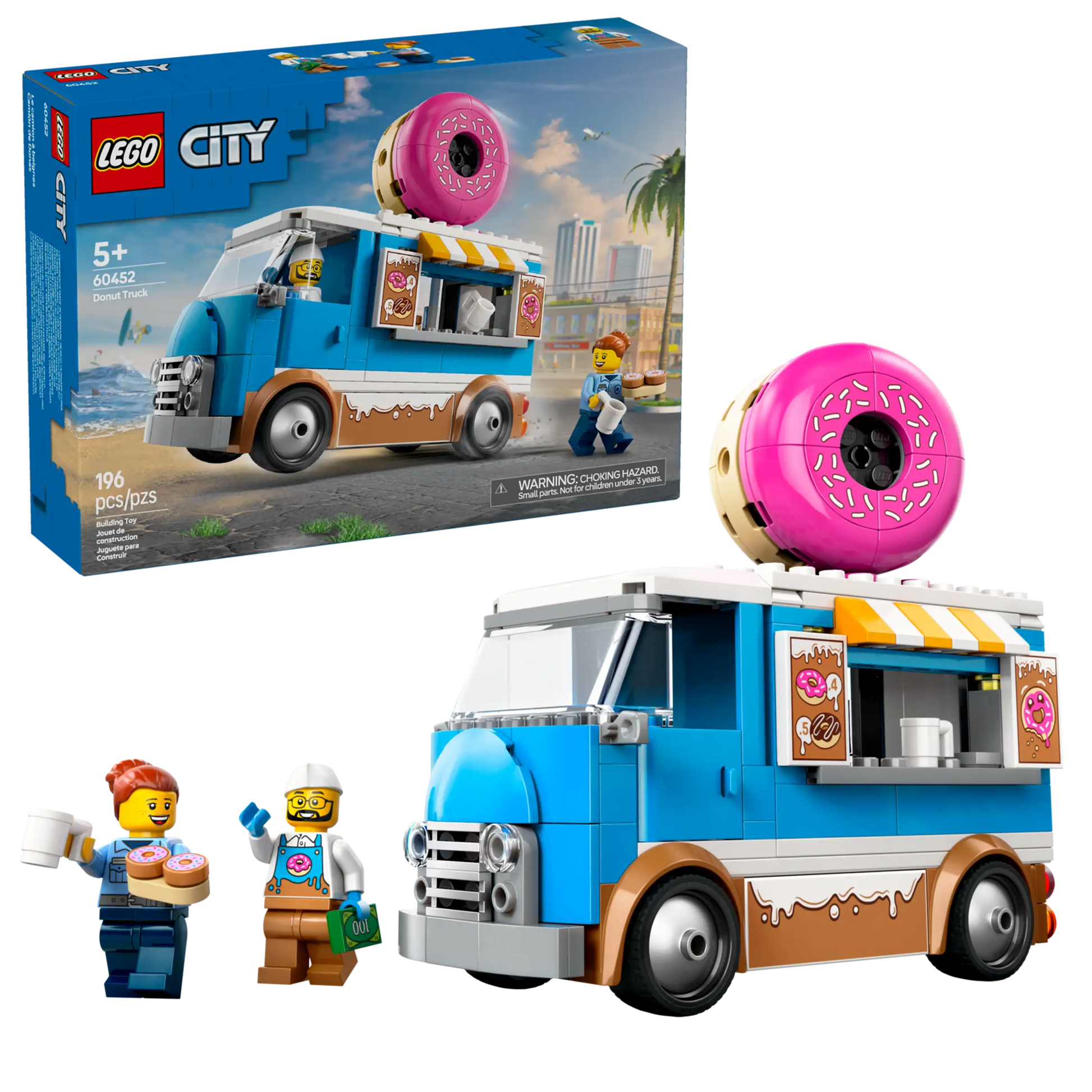 The LEGO® City Donut Truck by Legos - Toyhouse features a fun vehicle with a giant donut on top, two minifigures, coffee cups, donuts, and iconic packaging—perfect for any LEGO donut shop fan.