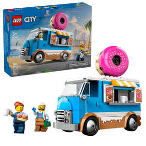 The LEGO® City Donut Truck by Legos - Toyhouse features a fun vehicle with a giant donut on top, two minifigures, coffee cups, donuts, and iconic packaging—perfect for any LEGO donut shop fan.
