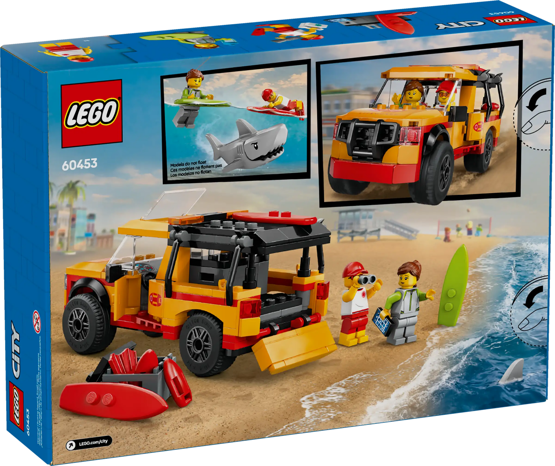 The Legos - Toyhouse LEGO® City Lifeguard Beach Rescue Truck set includes a beach rescue truck, two minifigures, surfboards, a shark, and highlights lifeguard playset details with exciting beach rescue fun.