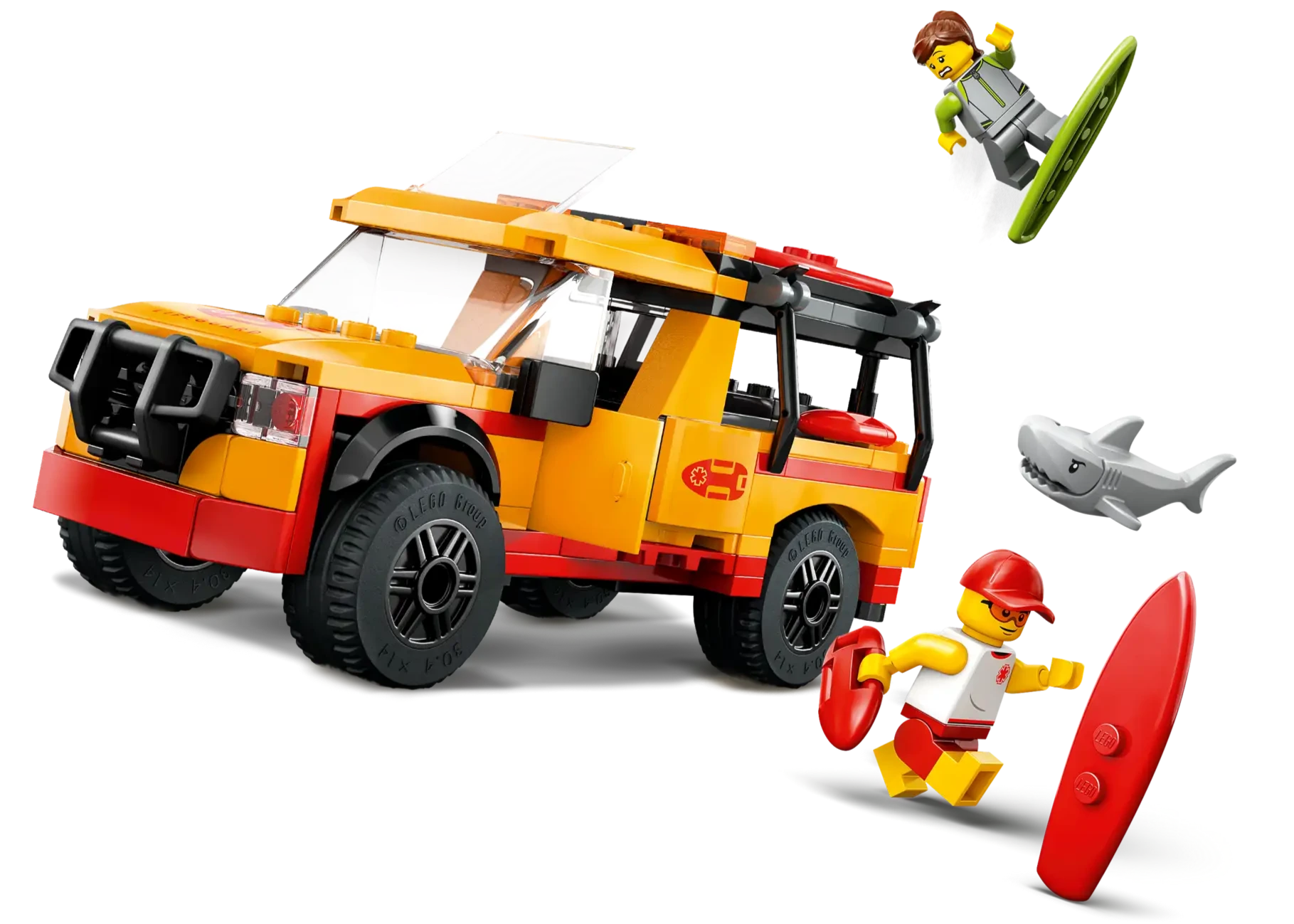 The LEGO® City Lifeguard Beach Rescue Truck by Legos - Toyhouse comes with 2 minifigures, a surfboard, rescue buoy, and shark—ideal for creative lifeguard fun at the beach.