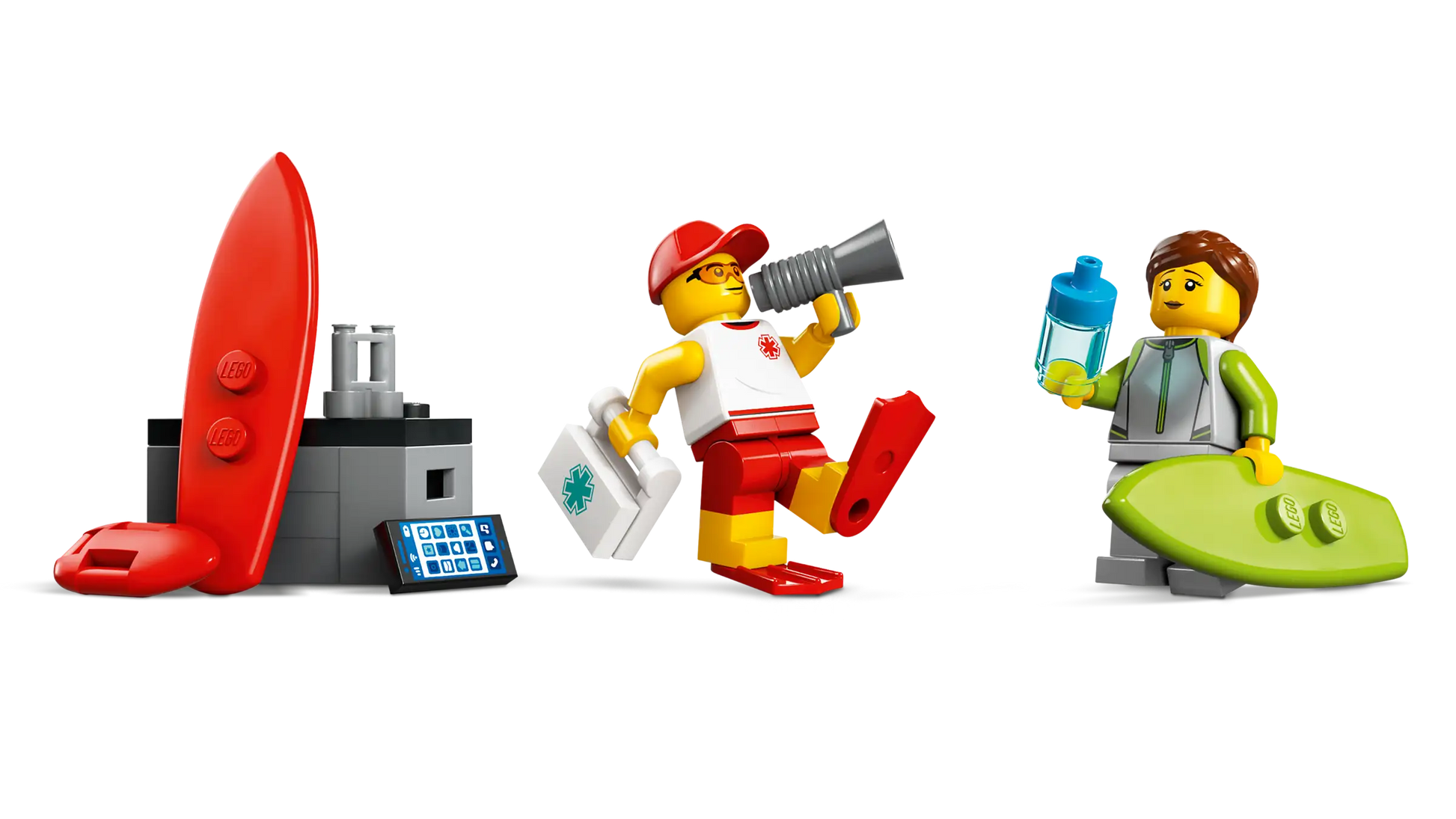 The Legos - Toyhouse LEGO® City Lifeguard Beach Rescue Truck includes 3 minifigures—a lifeguard with a megaphone and first aid kit, a surfer with a green board—and fun accessories, making it a perfect addition to your collection.