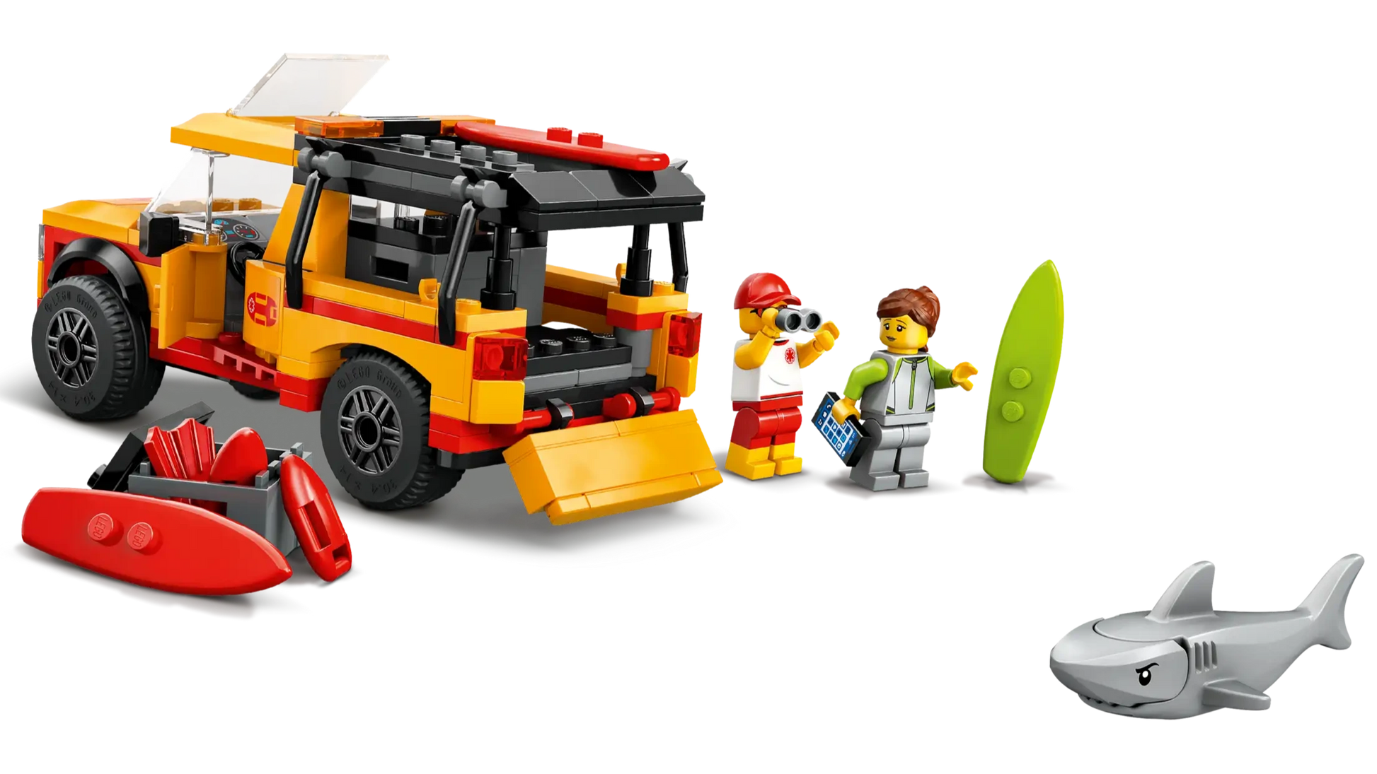 The Legos - Toyhouse LEGO® City Lifeguard Beach Rescue Truck set includes two minifigures, a red kayak, green surfboard, and gray shark—ideal for exciting beach rescue adventures.