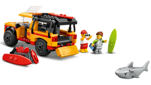 The Legos - Toyhouse LEGO® City Lifeguard Beach Rescue Truck set includes two minifigures, a red kayak, green surfboard, and gray shark—ideal for exciting beach rescue adventures.