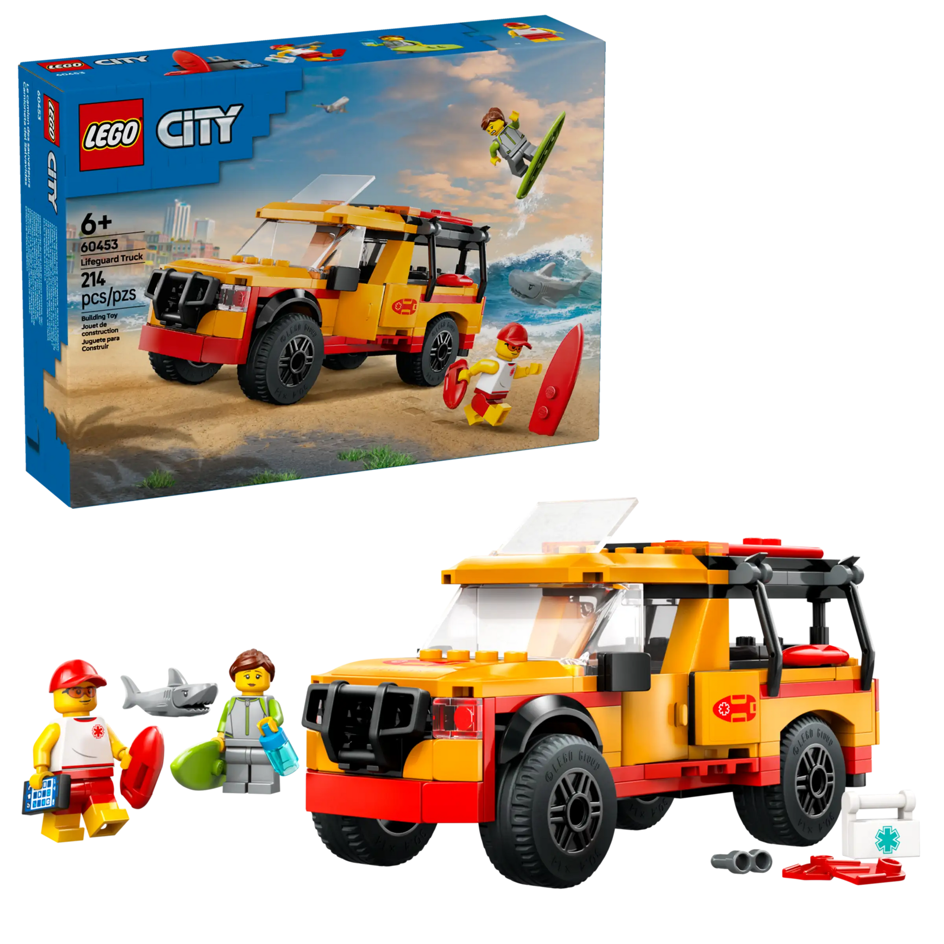 The LEGO® City Lifeguard Beach Rescue Truck by Legos - Toyhouse includes a yellow and red rescue SUV, two minifigures, a surfboard, and accessories—ideal for lifeguard-themed play. Box shown in background.