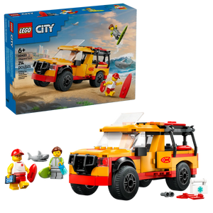 The LEGO® City Lifeguard Beach Rescue Truck by Legos - Toyhouse includes a yellow and red rescue SUV, two minifigures, a surfboard, and accessories—ideal for lifeguard-themed play. Box shown in background.