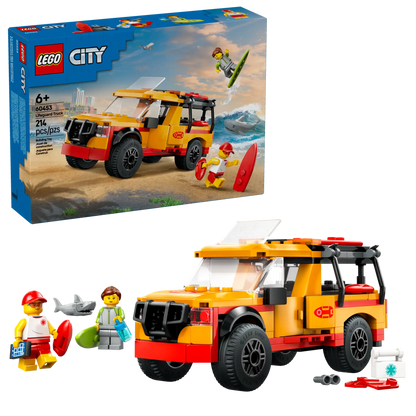 The LEGO® City Lifeguard Beach Rescue Truck by Legos - Toyhouse includes a yellow and red rescue SUV, two minifigures, a surfboard, and accessories—ideal for lifeguard-themed play. Box shown in background.